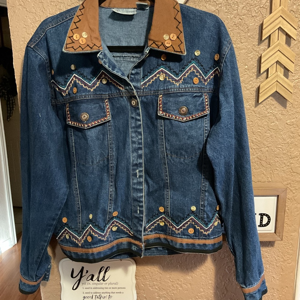 S Collection Vintage Denim Embroidered Aztec Western Jacket Size Medium